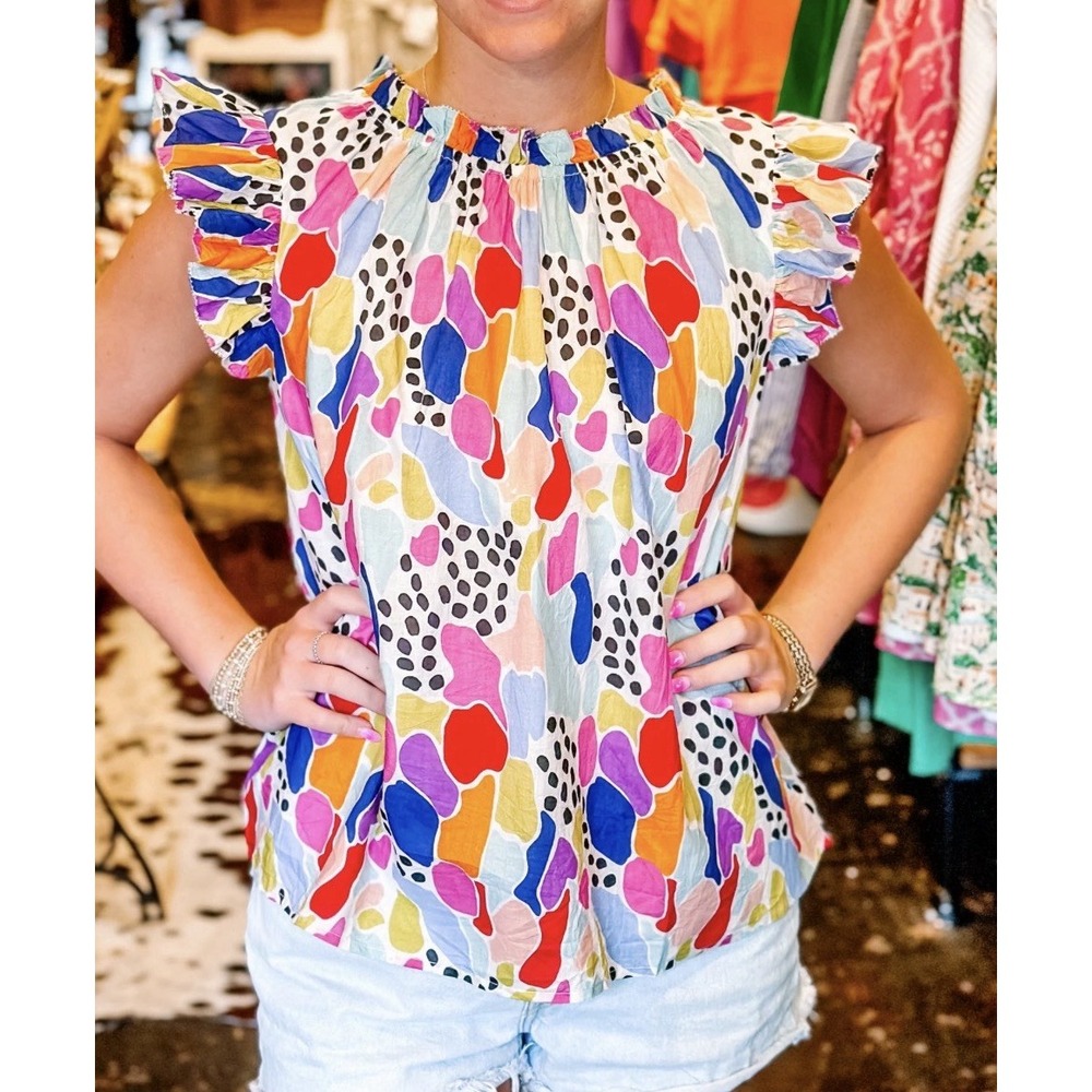 Anthropologie THML Flutter Sleeve Top Size L Colorful Artsy Preppy Ruffle Modest